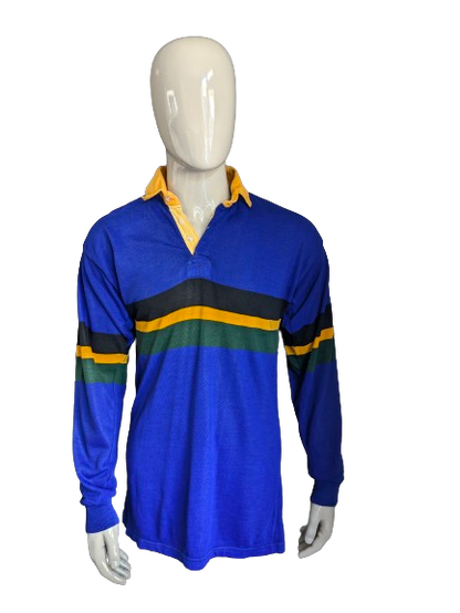 Vintage Halbro Polo sweater. Blue yellow green black striped. Size L.