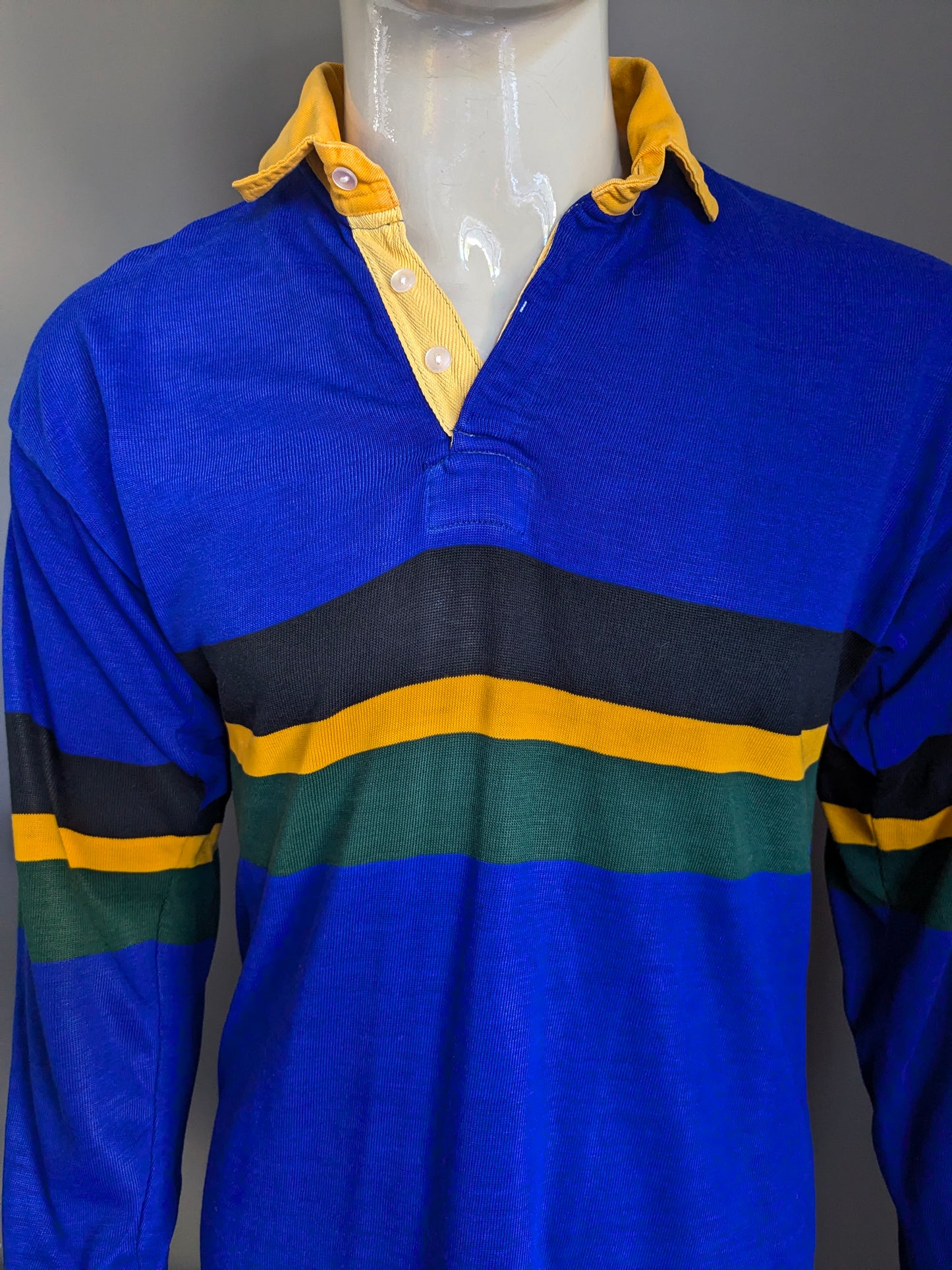 Vintage Halbro Polo sweater. Blue yellow green black striped. Size L.