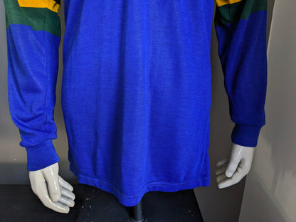 Vintage Halbro Polo sweater. Blue yellow green black striped. Size L.