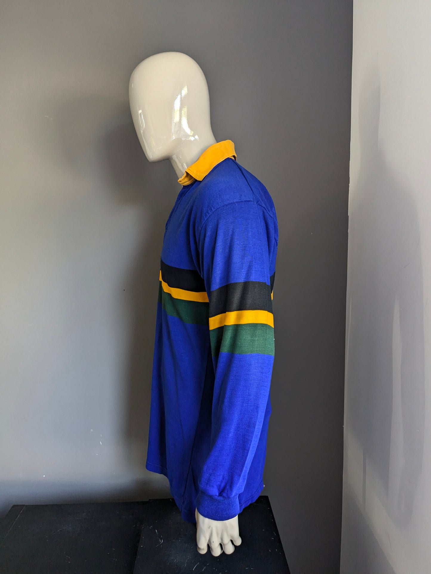 Vintage Halbro Polo sweater. Blue yellow green black striped. Size L.