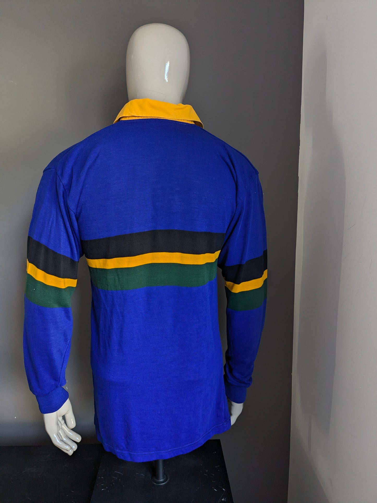 Suéter de polo halbro vintage. Azul amarillo verde negro rayado. Tamaño L.