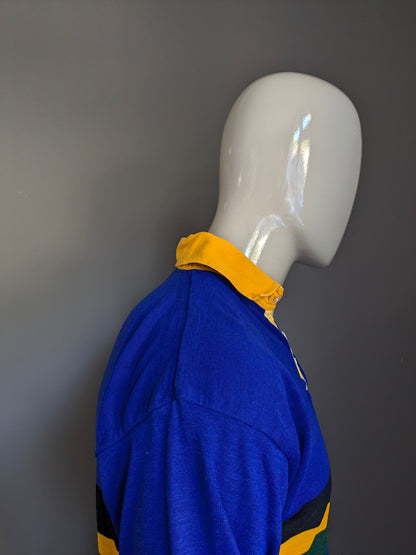 Pull Polo Halbro Vintage. Bleu jaune noir rayé. Taille L.