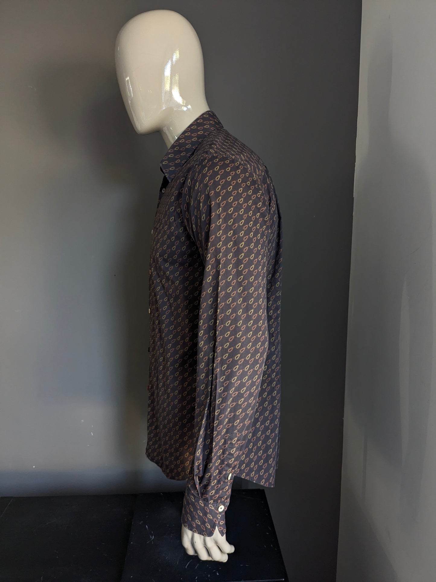 Camicia Hans Ubbink. Stampa marrone. Taglia L / XL Stretch.