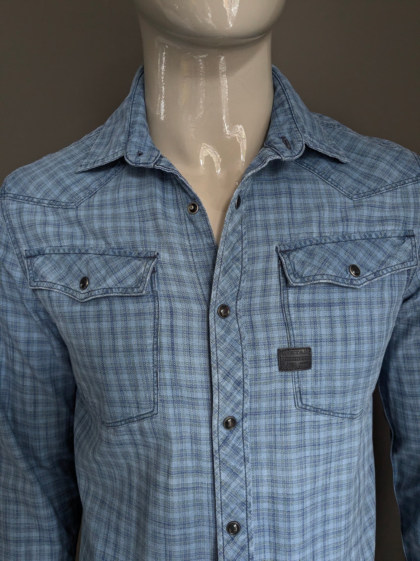 G-Star raw shirt with press studs. Blue gray checked. Size M. Slim Fit.