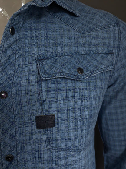 G-Star raw shirt with press studs. Blue gray checked. Size M. Slim Fit.