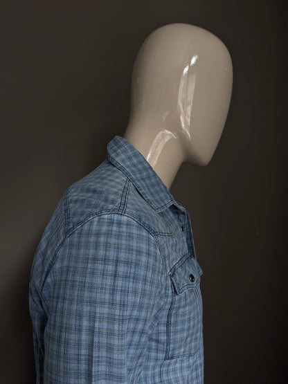 G-Star raw shirt with press studs. Blue gray checked. Size M. Slim Fit.