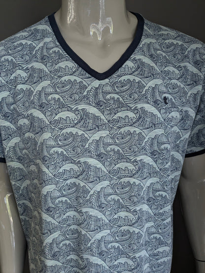 Twinlife shirt met V-hals. Groen Grijs Blauwe print. Maat 4XL / XXXXL.