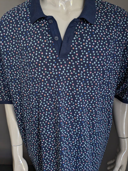 Casa Moda polo. Donker Blauw met Blauw Groen Oranje Rode print. Maat 5XL / XXXXXL.