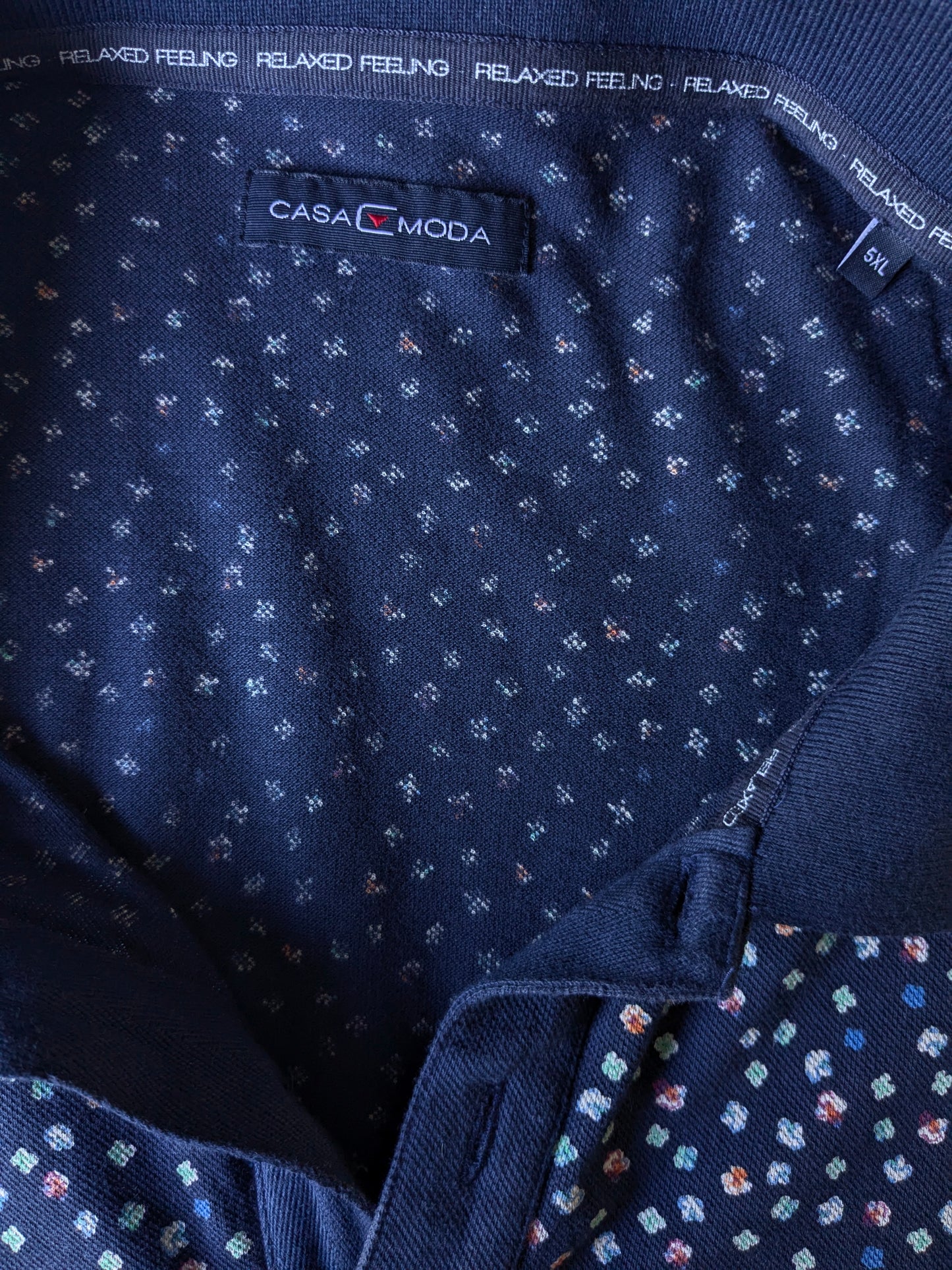 Casa Moda Polo. Dark blue with blue green orange red print. Size 5XL / XXXXXL.