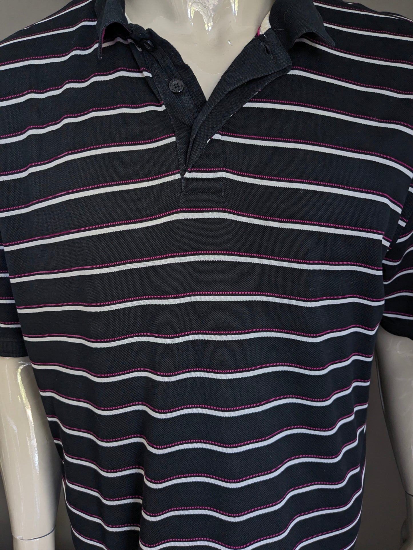 Polo di Westbury. Strisce bianche rosa nero. Dimensione 3xl / xxl.