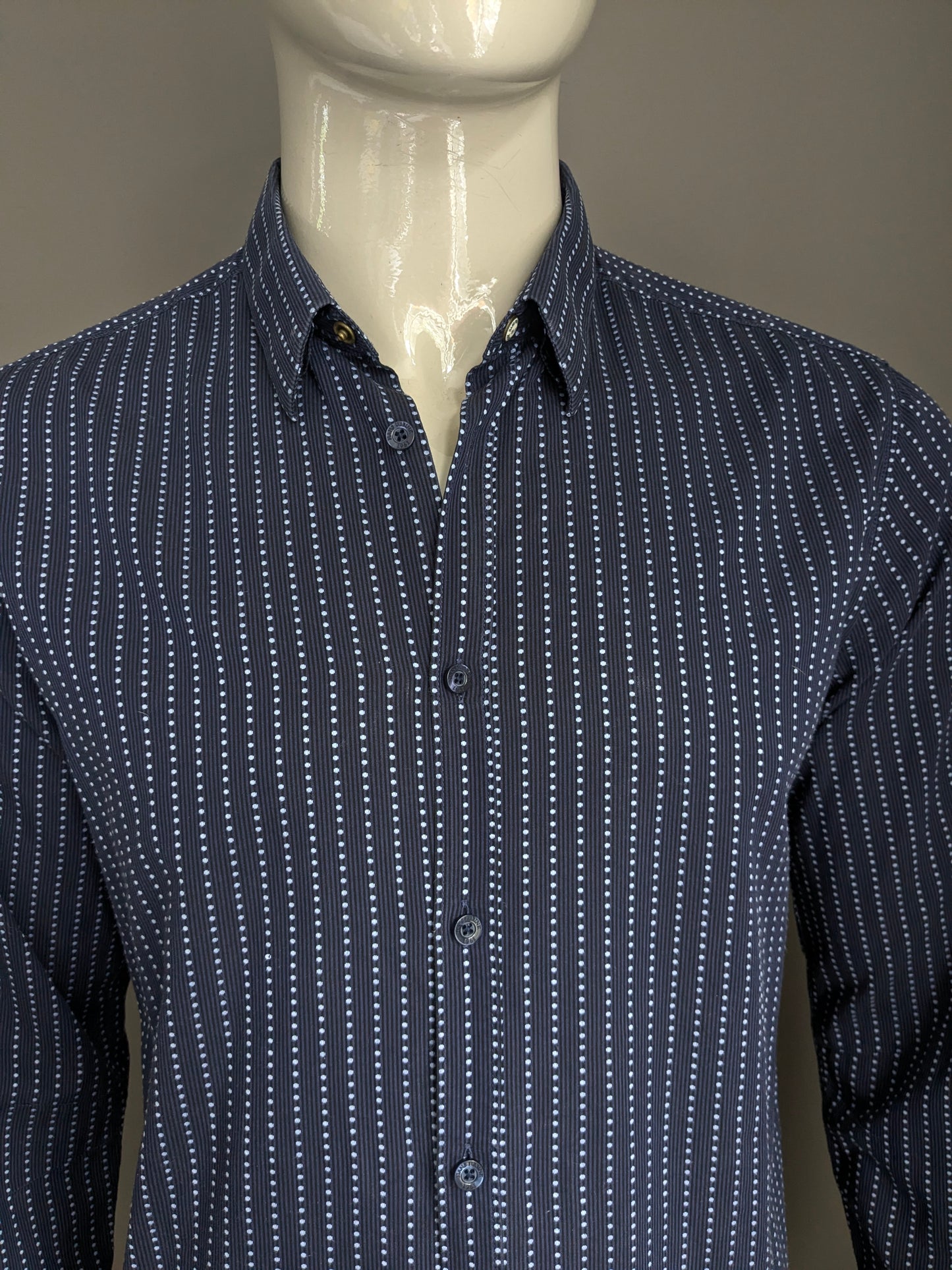 Camicia Hans Ubbink. Strisce blu e punteggiate. Taglia XL.