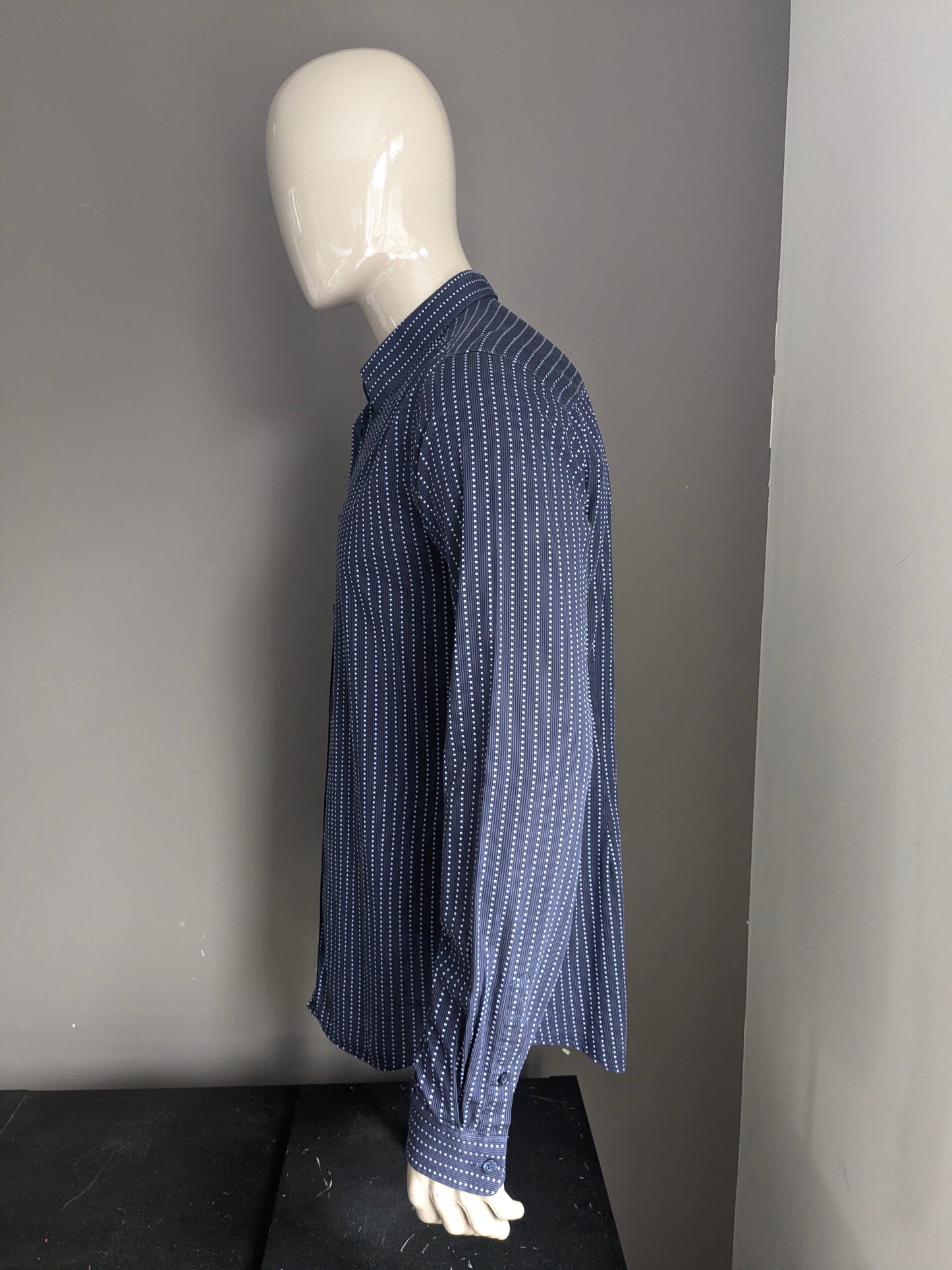 Camicia Hans Ubbink. Strisce blu e punteggiate. Taglia XL.