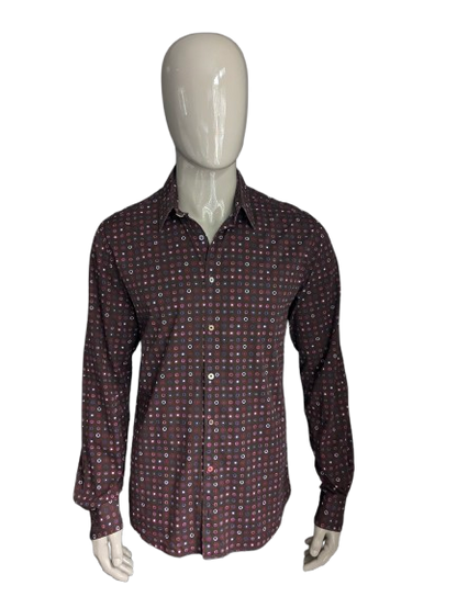 Camicia Hans Ubbink. Stampa verde rosso viola marrone. Taglia XL. Stirata.