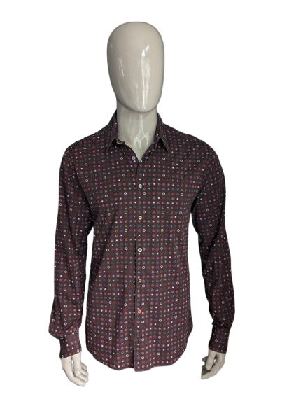 Camicia Hans Ubbink. Stampa verde rosso viola marrone. Taglia XL. Stirata.