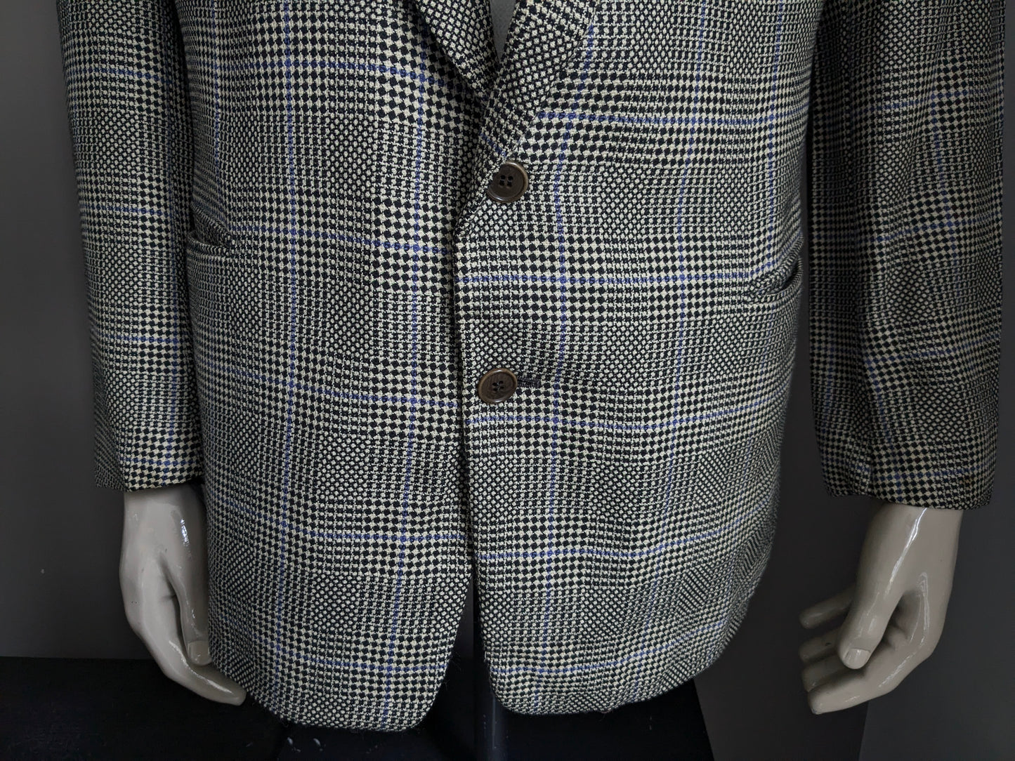 Pal Zileri woolen jacket. Beige black blue checked. Size 54 / L.