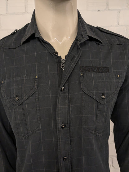 Camisa cruda G-Star con cremallera y botones. Negro gris a cuadros. Tamaño L.