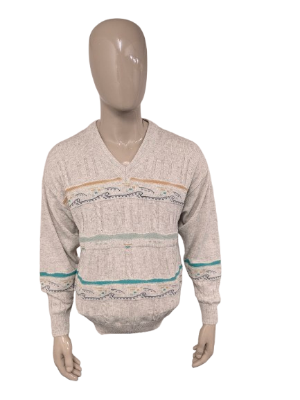 Vintage Giramondo sweater with V-neck. Beige green colored. Size L.