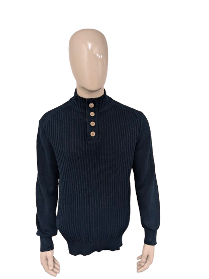 Bartlett sweater with elbow patches and buttons. Dark blue colored. Size XL.