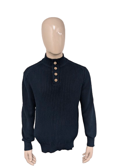 Bartlett sweater with elbow patches and buttons. Dark blue colored. Size XL.