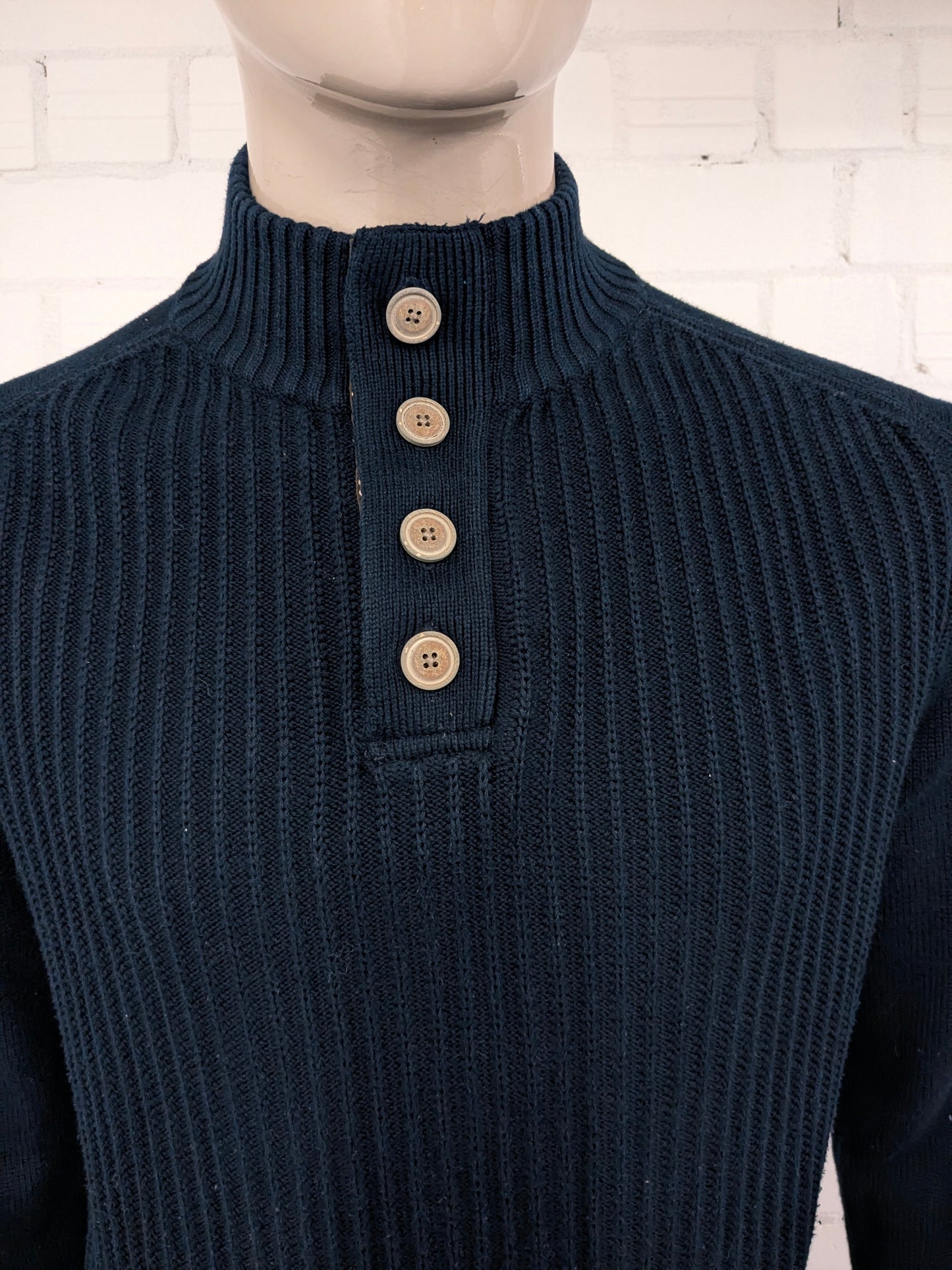 Bartlett sweater with elbow patches and buttons. Dark blue colored. Size XL.