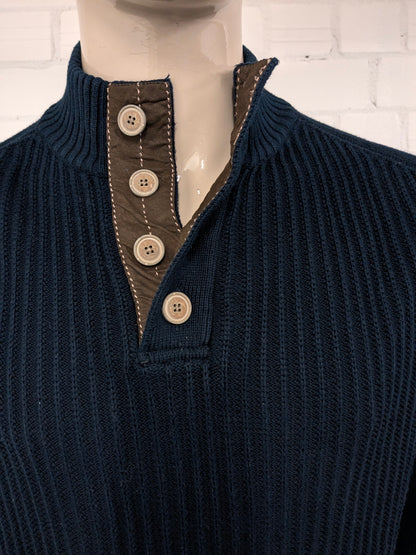 Bartlett sweater with elbow patches and buttons. Dark blue colored. Size XL.