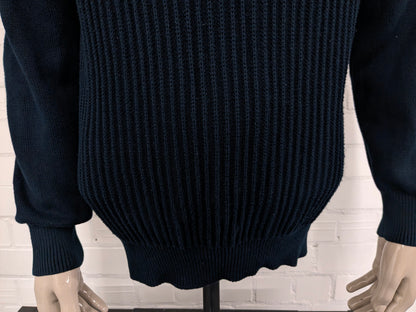 Bartlett sweater with elbow patches and buttons. Dark blue colored. Size XL.