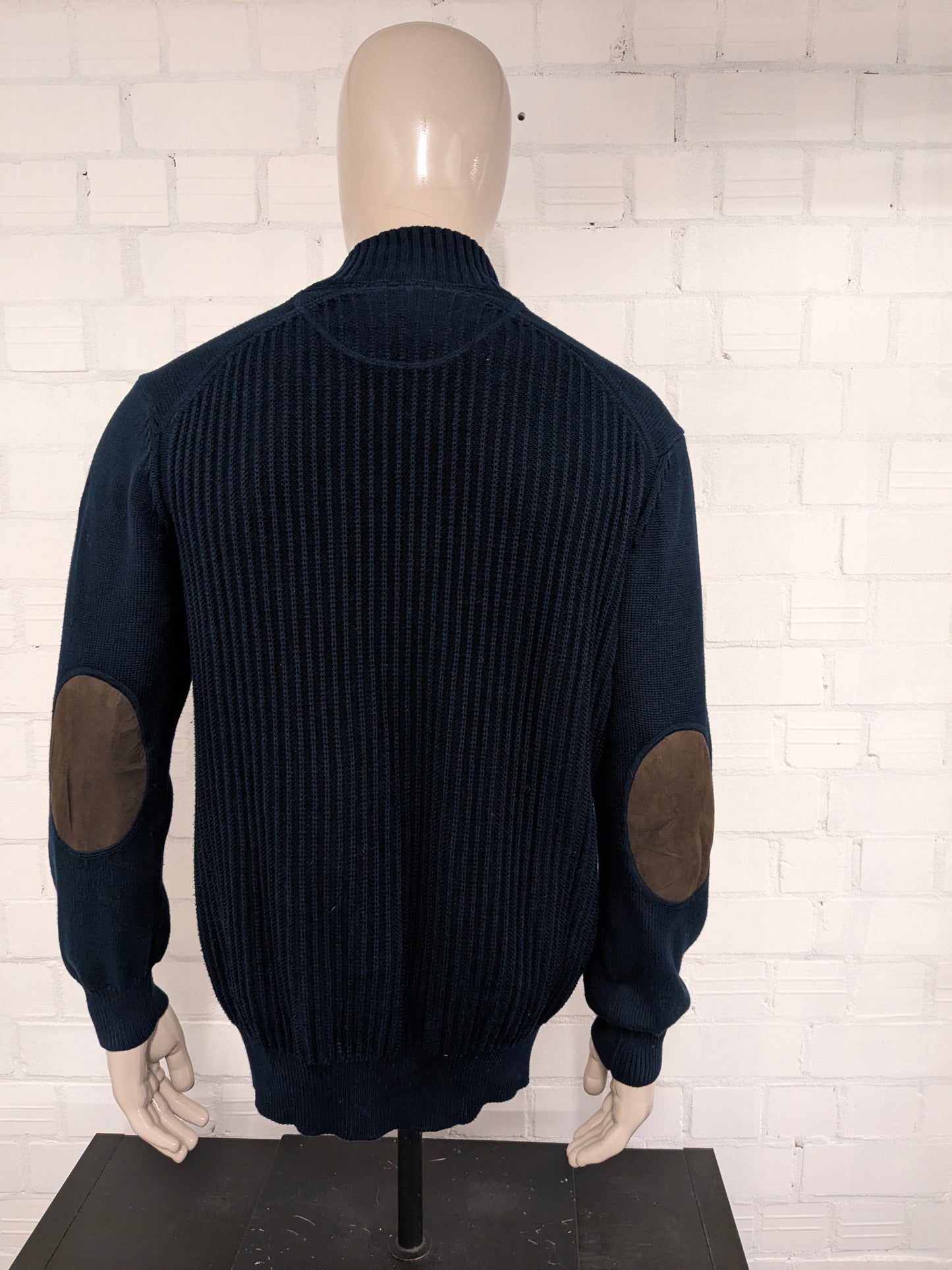 Bartlett sweater with elbow patches and buttons. Dark blue colored. Size XL.