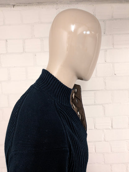 Bartlett sweater with elbow patches and buttons. Dark blue colored. Size XL.