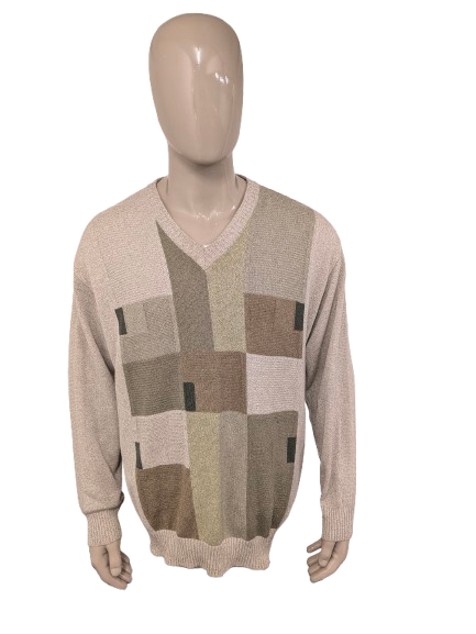 Vintage Breidhof Sweater with V-neck. Beige green brown colored. Size XXL / 2XL.