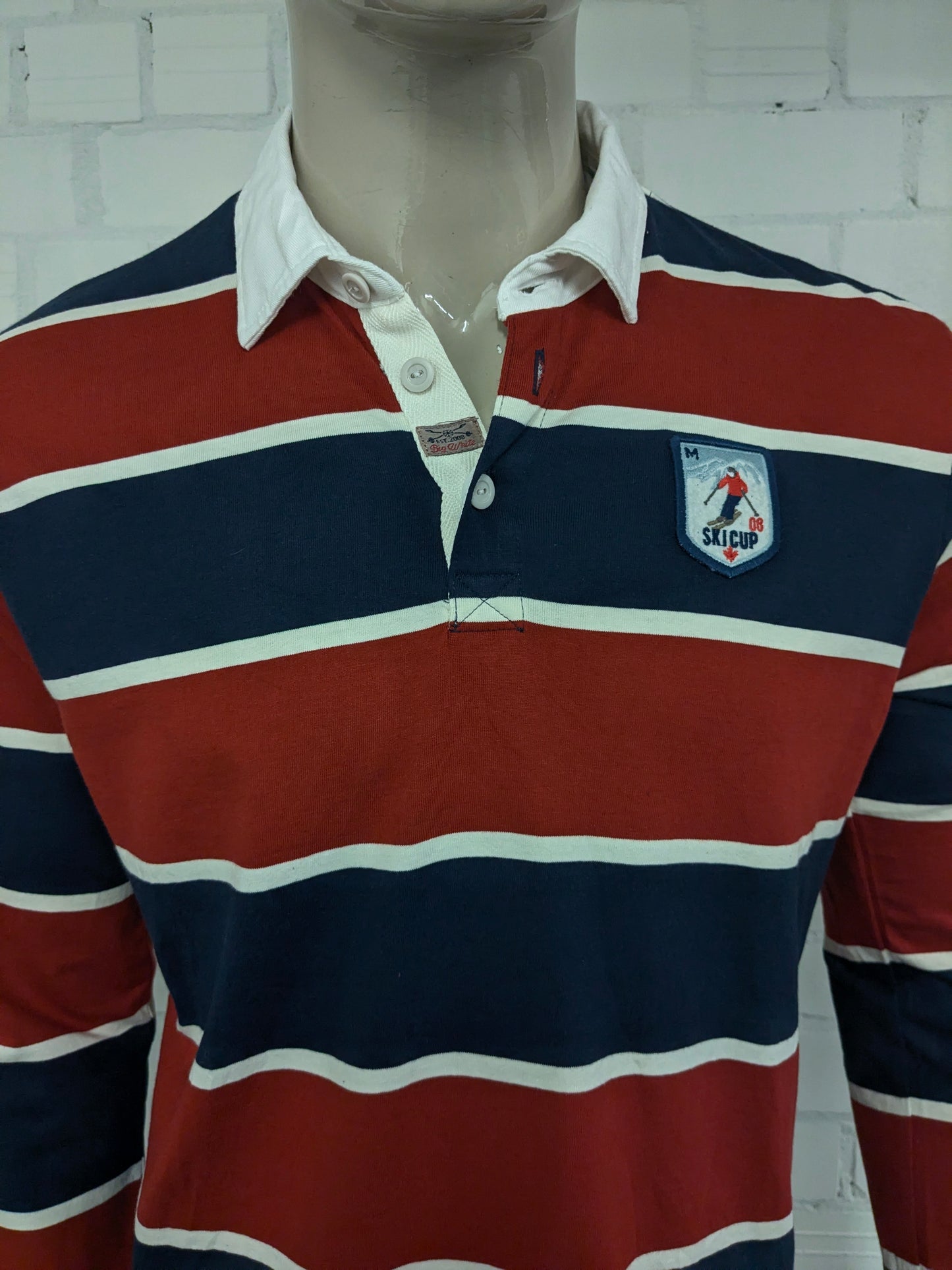 Mango man polo sweater. Red blue beige striped. Size 2XL / XXL.