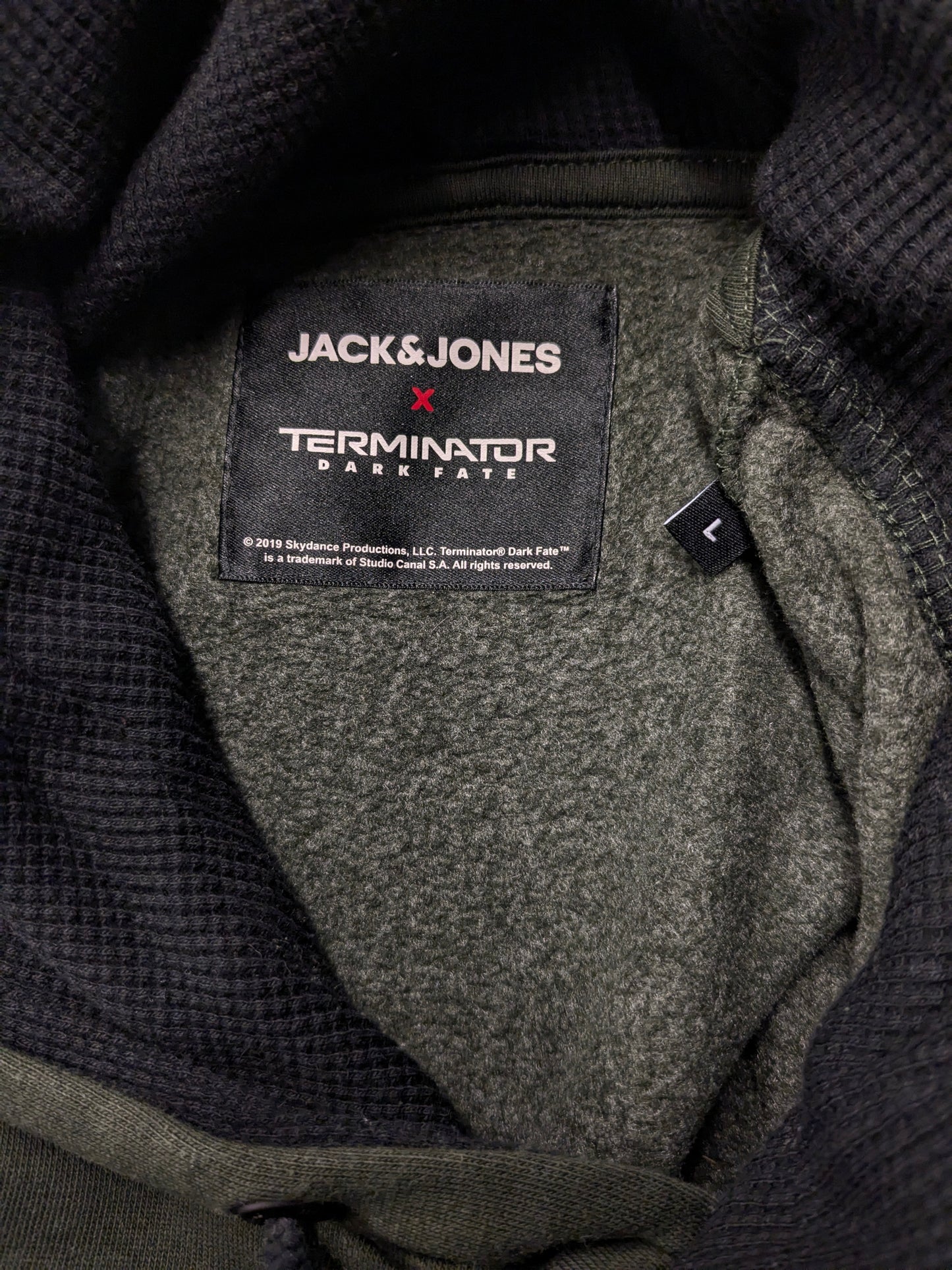 Jack & Jones Terminator Hoodie. Dunkelgrün mit Druck. Größe L.