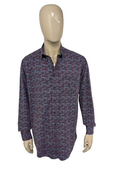 Casa Moda overhemd. Blauw Rode print. Maat 2XL / XXL. stretch. Casual Fit.