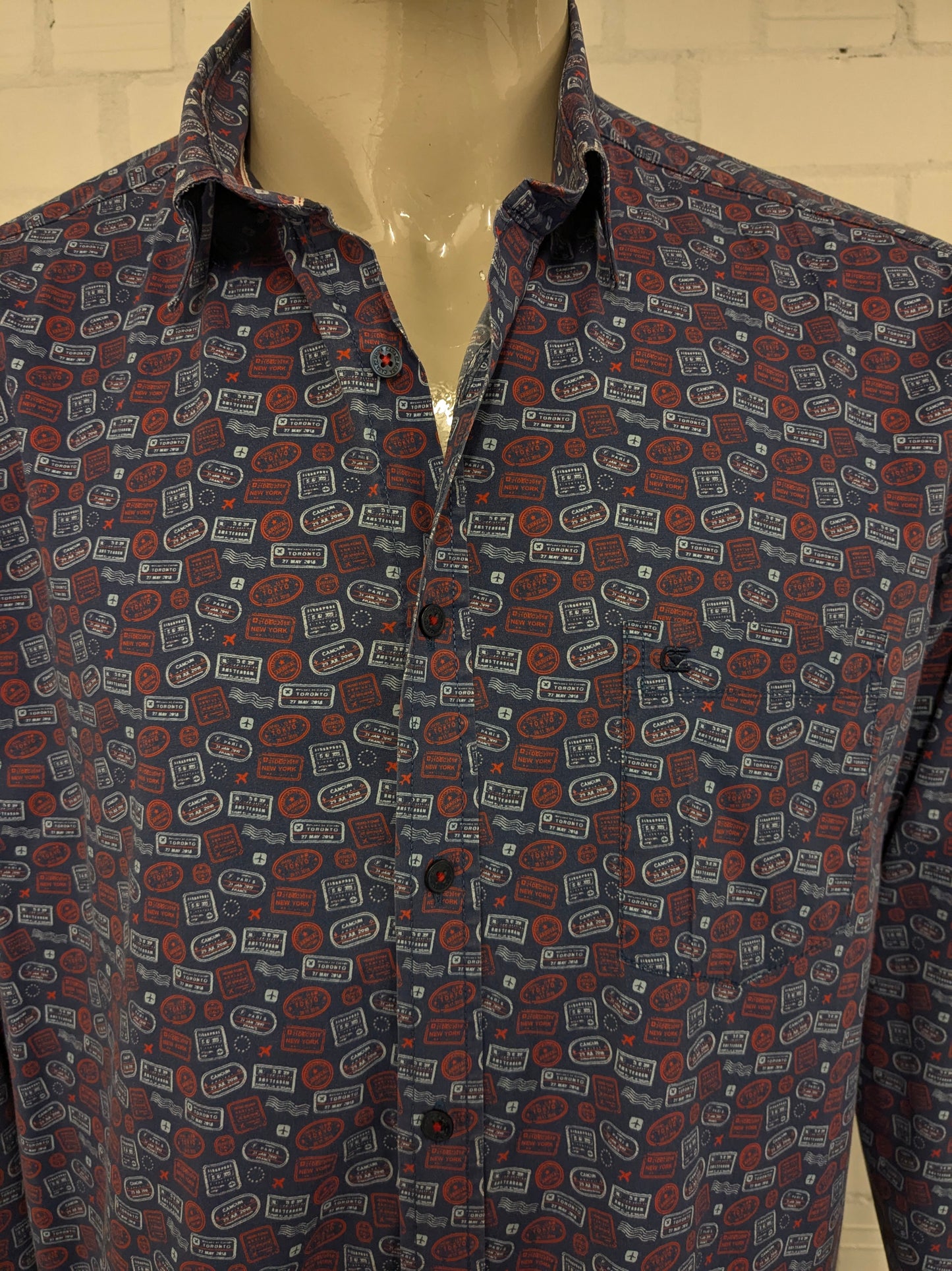 Casa Moda overhemd. Blauw Rode print. Maat 2XL / XXL. stretch. Casual Fit.