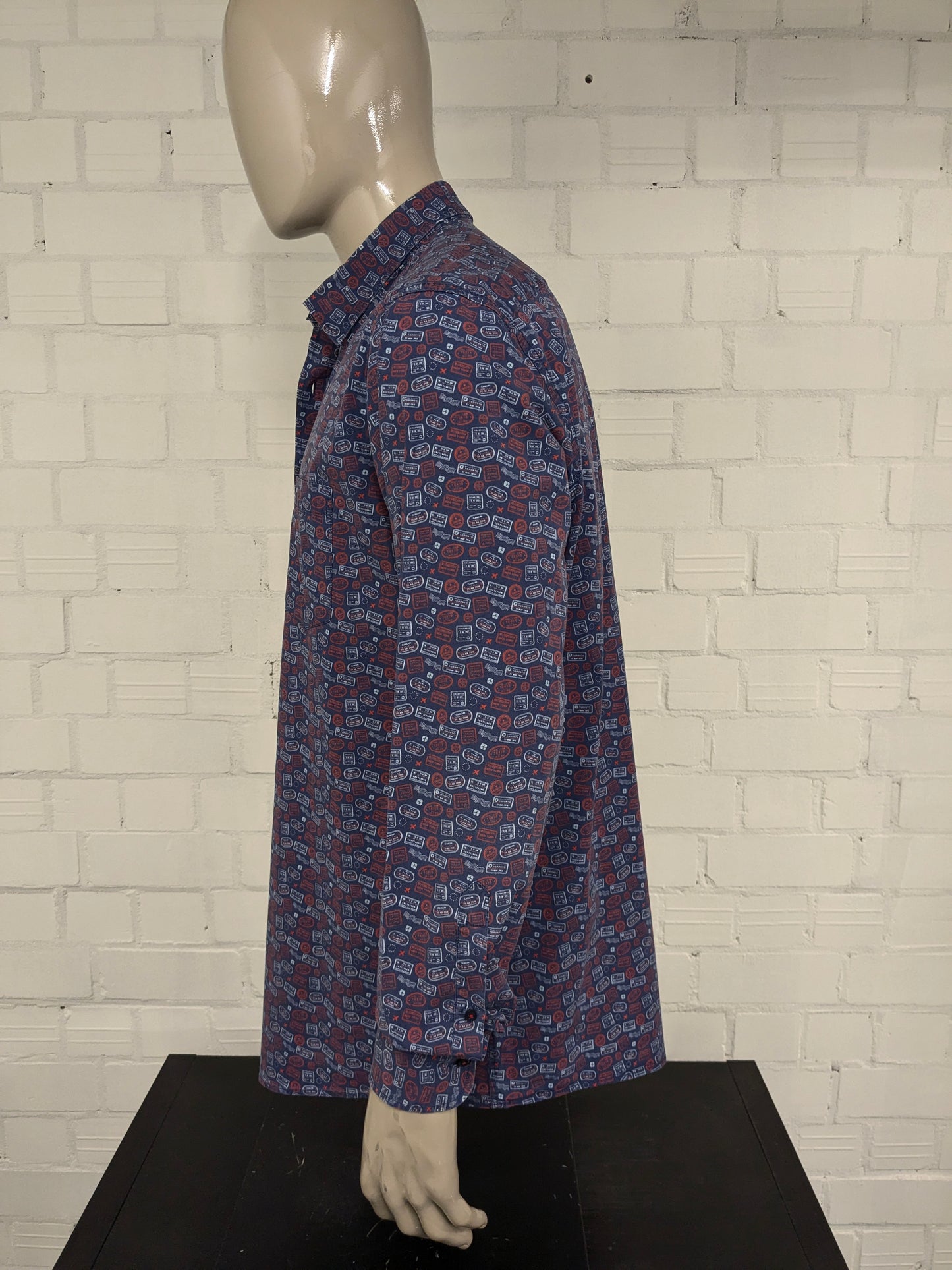 Casa Moda overhemd. Blauw Rode print. Maat 2XL / XXL. stretch. Casual Fit.