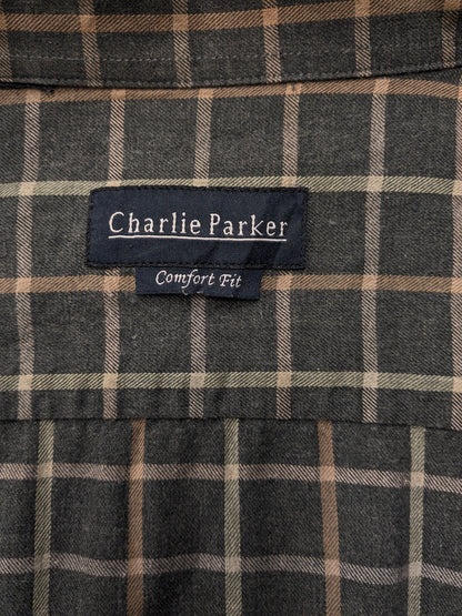 Charlie Parker Flanellen overhemd. Grijs Lila Groen Bruin geblokt. Maat 2XL / XXL.