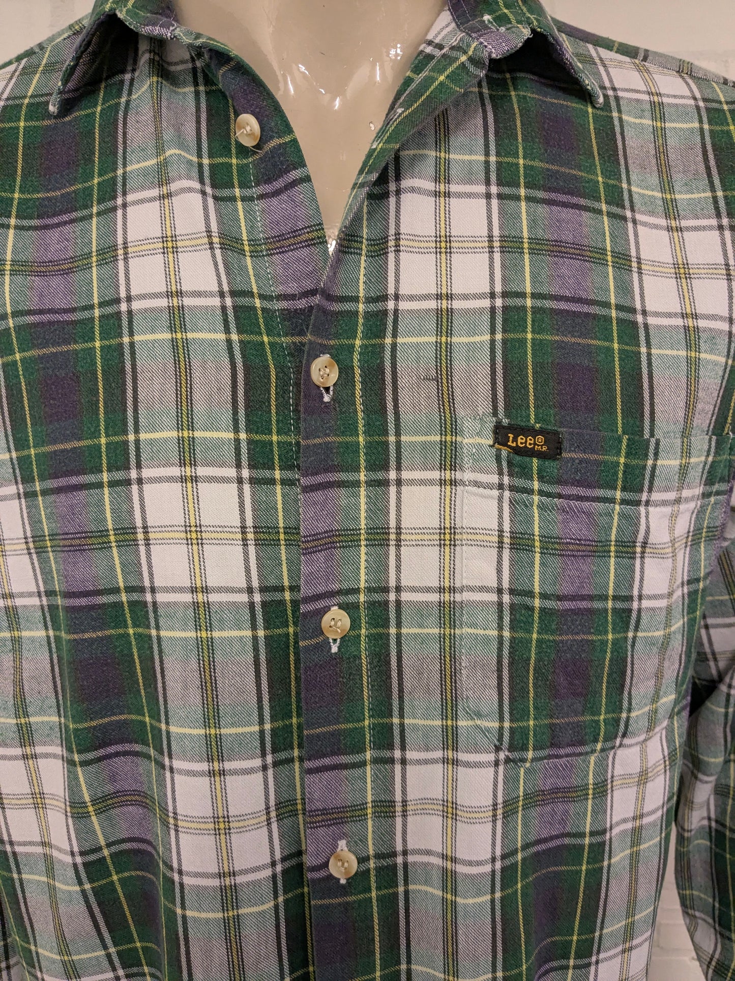 Vintage Lee shirt. Green yellow purple checkered. Size XL.