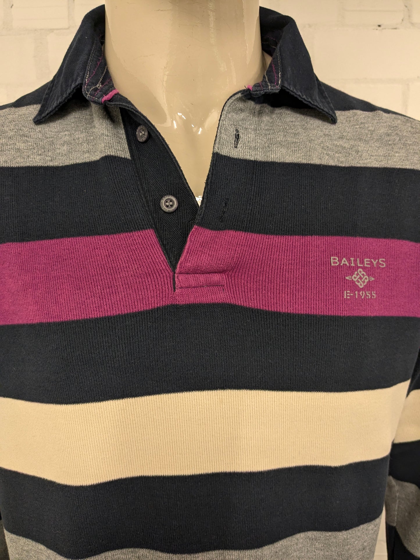 Baileys polo maglione con fascia elastica. Strisce viola blu grigia. Taglia L.