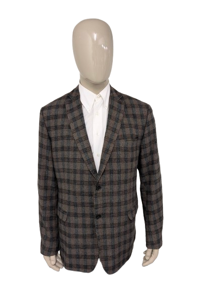 Paul Jacobs woolen jacket. Brown blue checked. Size 56 / XL.