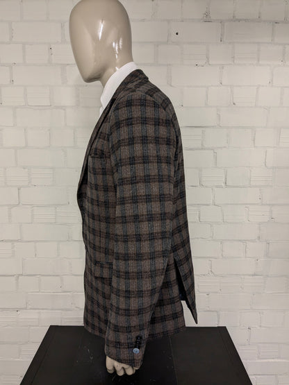 Paul Jacobs woolen jacket. Brown blue checked. Size 56 / XL.