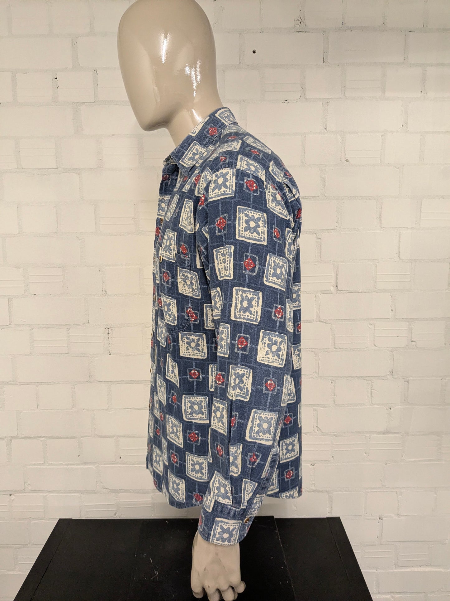 Vintage Haupt Flanellen overhemd. Blauw Beige Rode print. Maat XL.