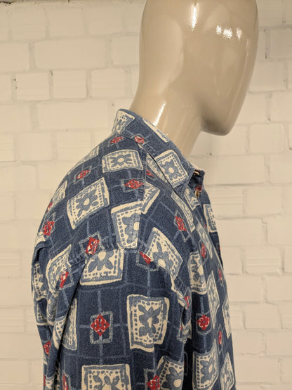 Vintage Haupt Flanellen overhemd. Blauw Beige Rode print. Maat XL.