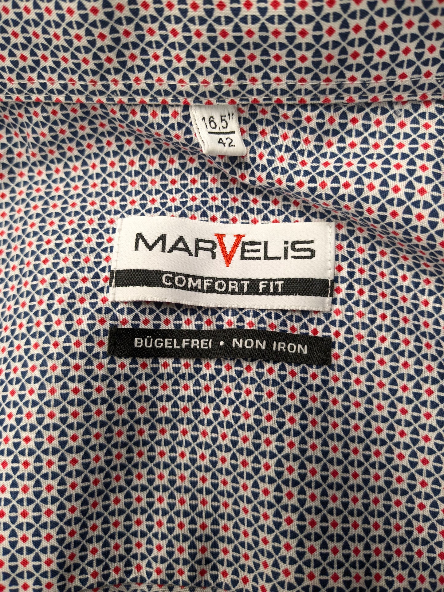 Marvelis overhemd Blauw Rood Witte print. Maat 42 / L. Comfort Fit.