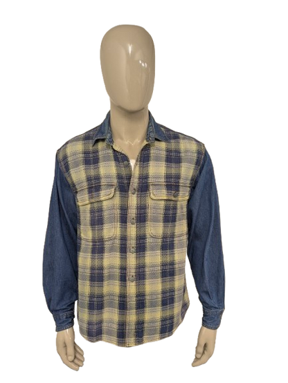 Vintage Easy Way Flanellen overhemd met jeans accenten. Geel Blauw geruit. Maat L.