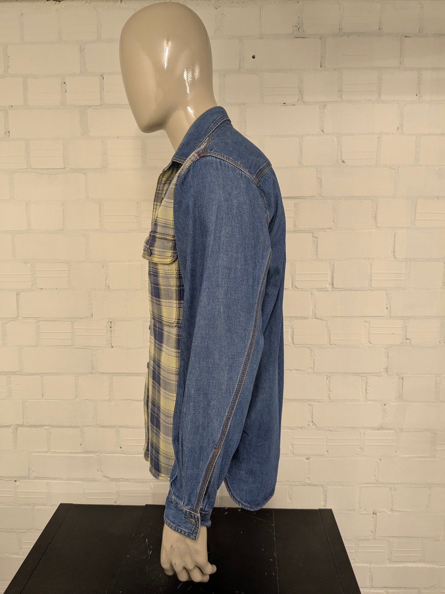 Vintage Easy Way Flanellen overhemd met jeans accenten. Geel Blauw geruit. Maat L.