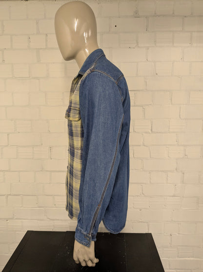 Vintage Easy Way Flanellen overhemd met jeans accenten. Geel Blauw geruit. Maat L.