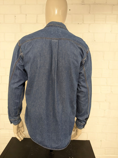 Vintage Easy Way Flanellen overhemd met jeans accenten. Geel Blauw geruit. Maat L.