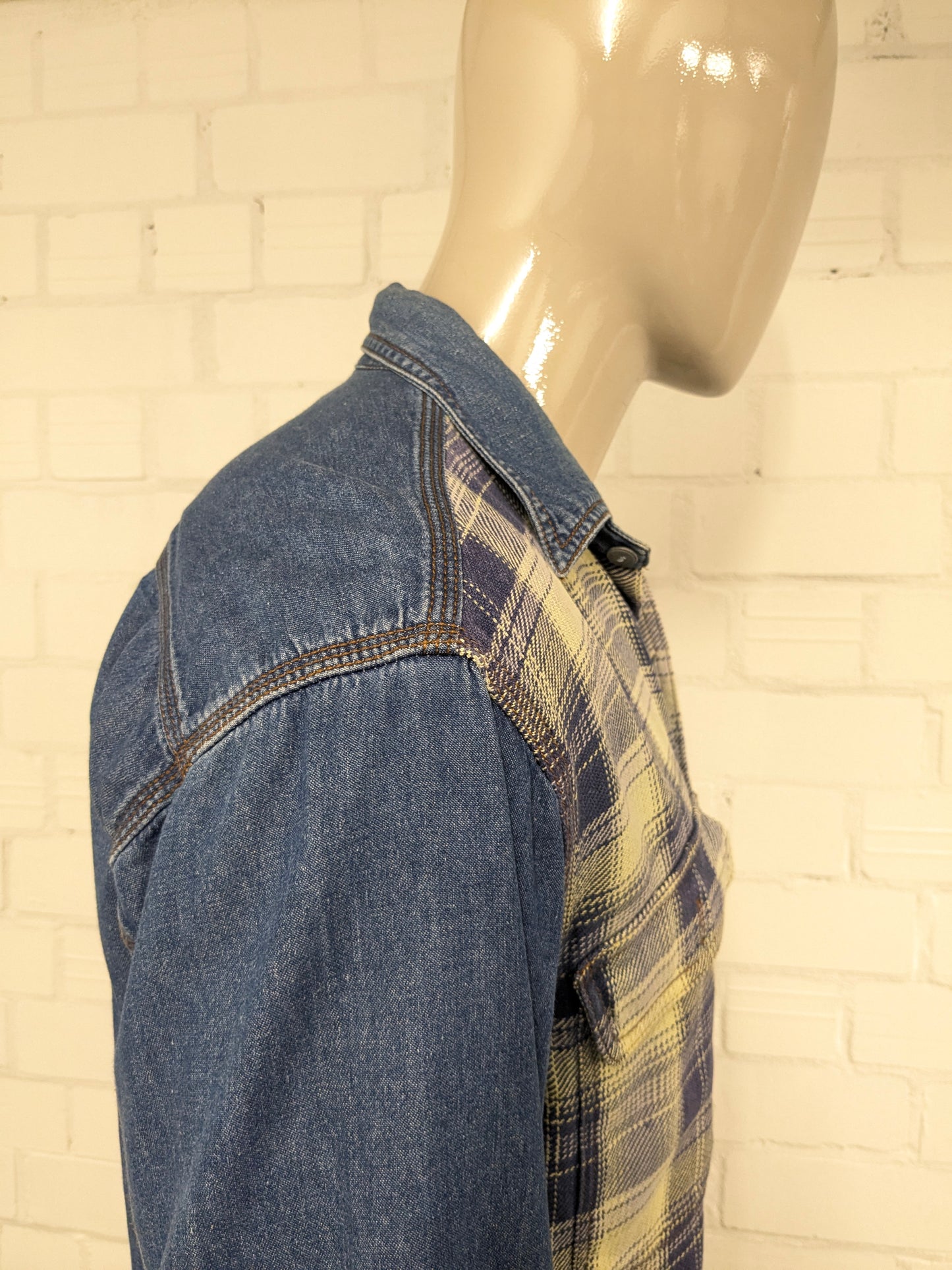 Vintage Easy Way Flanellen overhemd met jeans accenten. Geel Blauw geruit. Maat L.