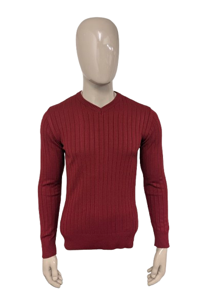 Cerace -Pullover mit Ellbogenflecken. Rot gestreiftes Motiv. Größe M.