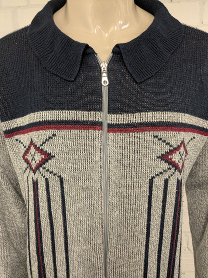 Vintage Cardigan mit Reißverschluss. Graublau Bordeaux gefärbt. Größe 2xl / xxl.