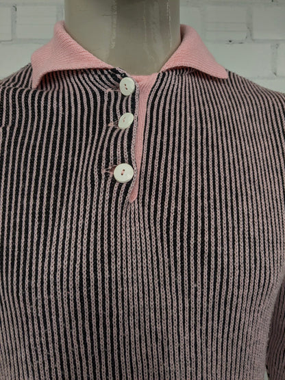 Vintage Polo trui met knopen. Roze Donker Blauw gestreept. Maat XL.